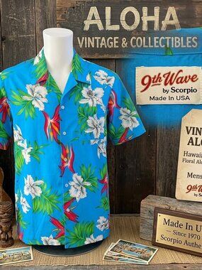 Vintage 9th Wave Hawaiian Shirt Men's Large Blue Floral Aloha Shirt GE Corporate